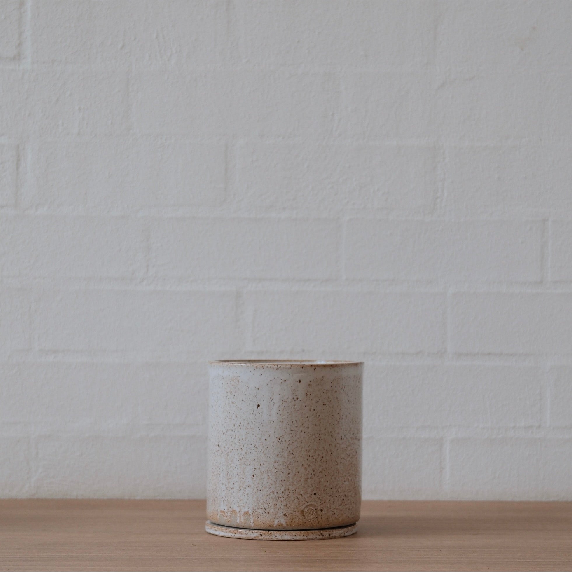 Medium speckled warm white ceramic planter on a wooden surface with a white brick wall background